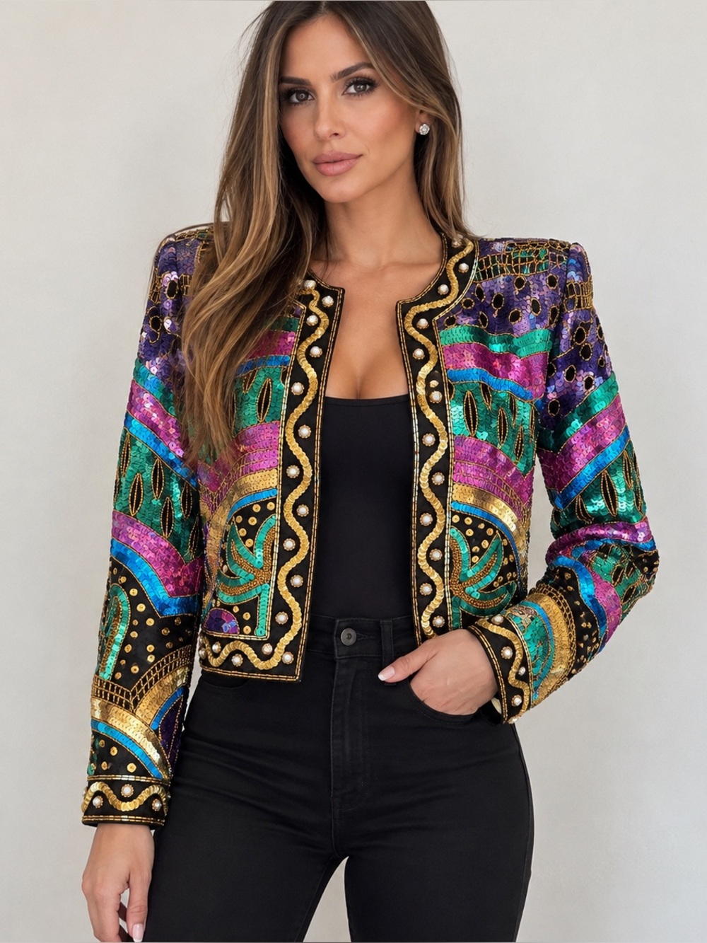 Vintage Laurence Kazar Silk Sequin Beaded Jacket 80s